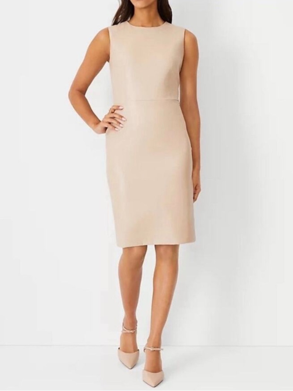 Ann Taylor Beige Faux Leather Sleeveless Sheath Dress Size 6